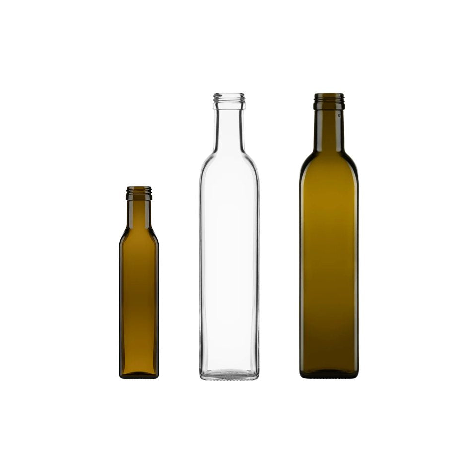oljeflaska och vinägerflaska brun, grön och klar