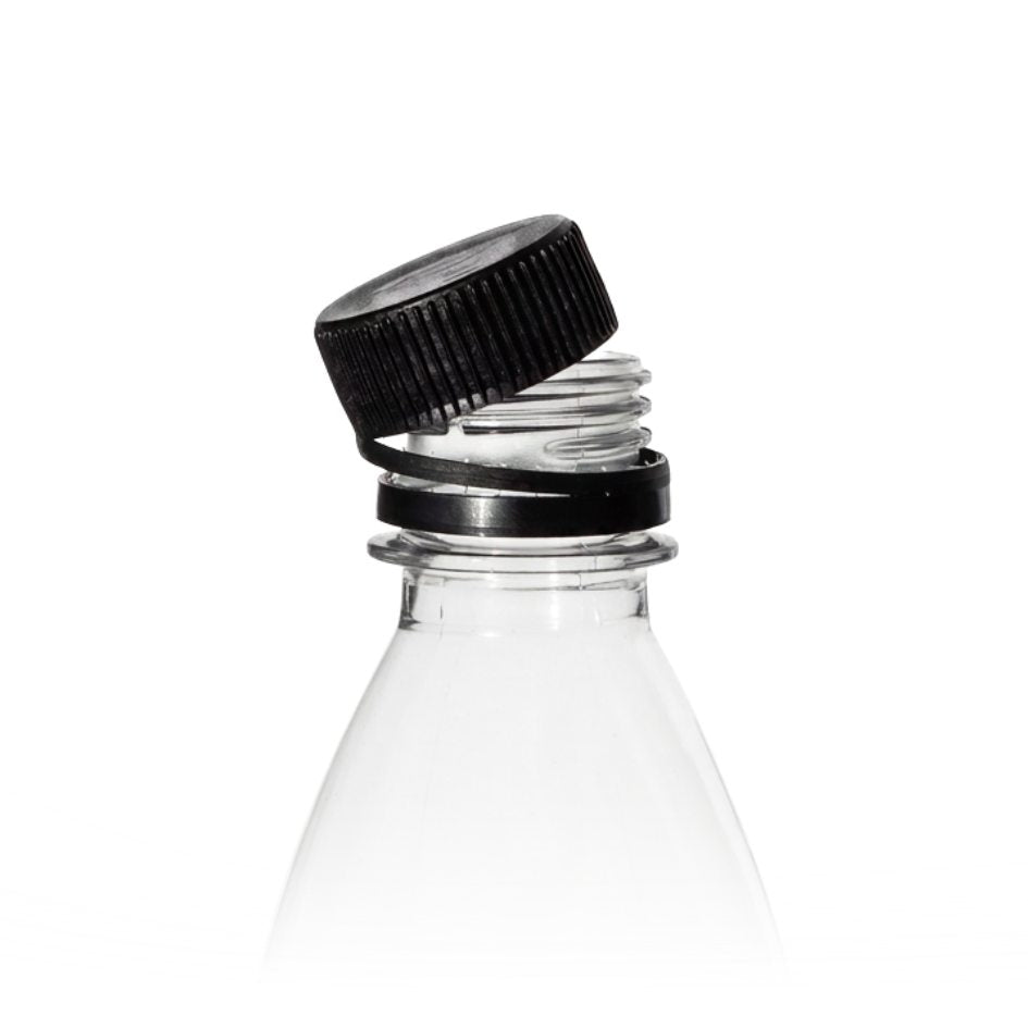 Tjudrad kapsyl med kvarsittande kork 28 mm på plastflaska